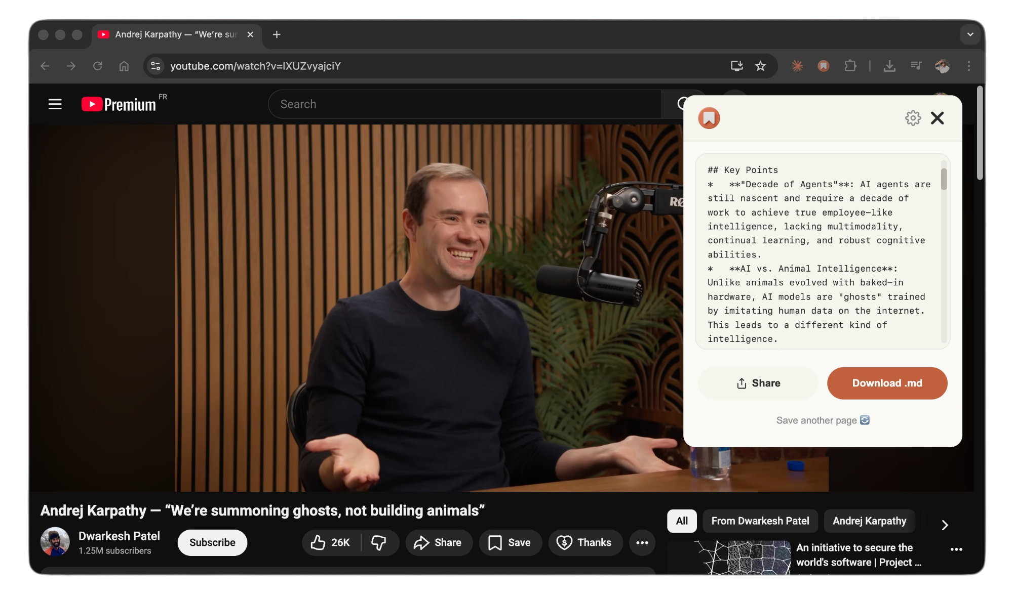 Save extension demo — YouTube video to Markdown